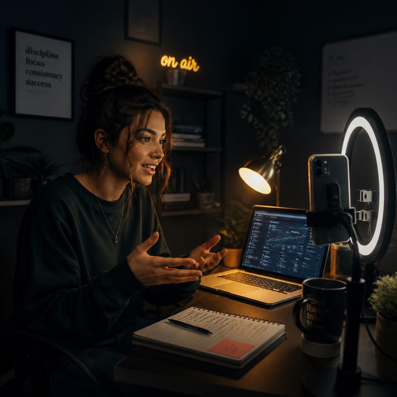 Creator filming content at a home desk late at night after her day job